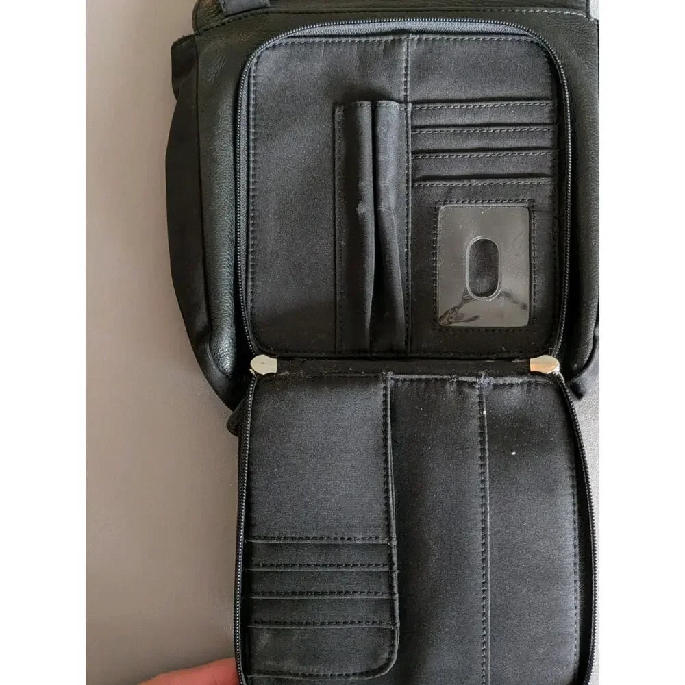 Fossil Black Leather Organizer Crossbody Bag Wallet Purse